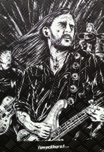 Lemmy ohne Hut - gezeichnet von <a href="http://www.timeckhorst.com/">Tim Eckhorst</a> auf Metal(l)platte