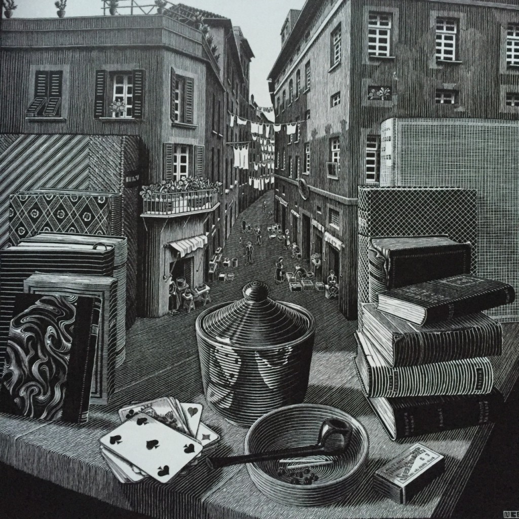 Stillleben und Straße, 1937, Holzschnitt - M.C. Escher