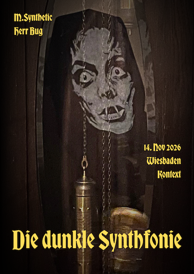 Flyer front "Die dunkle Synthfonie" zeigt ein Bild von Barbara Steele aus einem Horrorfilm